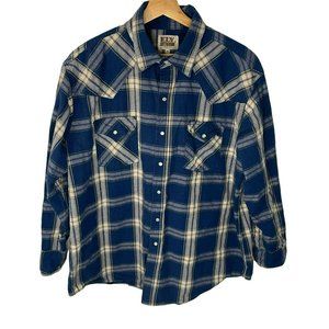 Ely Cattleman Plaid Pearl Snap Western Shirt Heavy Cotton Long Sleeve Blue XL